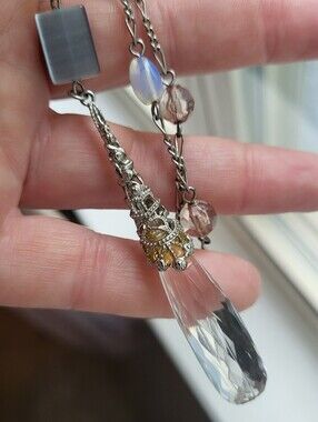 Crystal Teardrop Pendant Necklace - Clear/Blue And Gold Accents